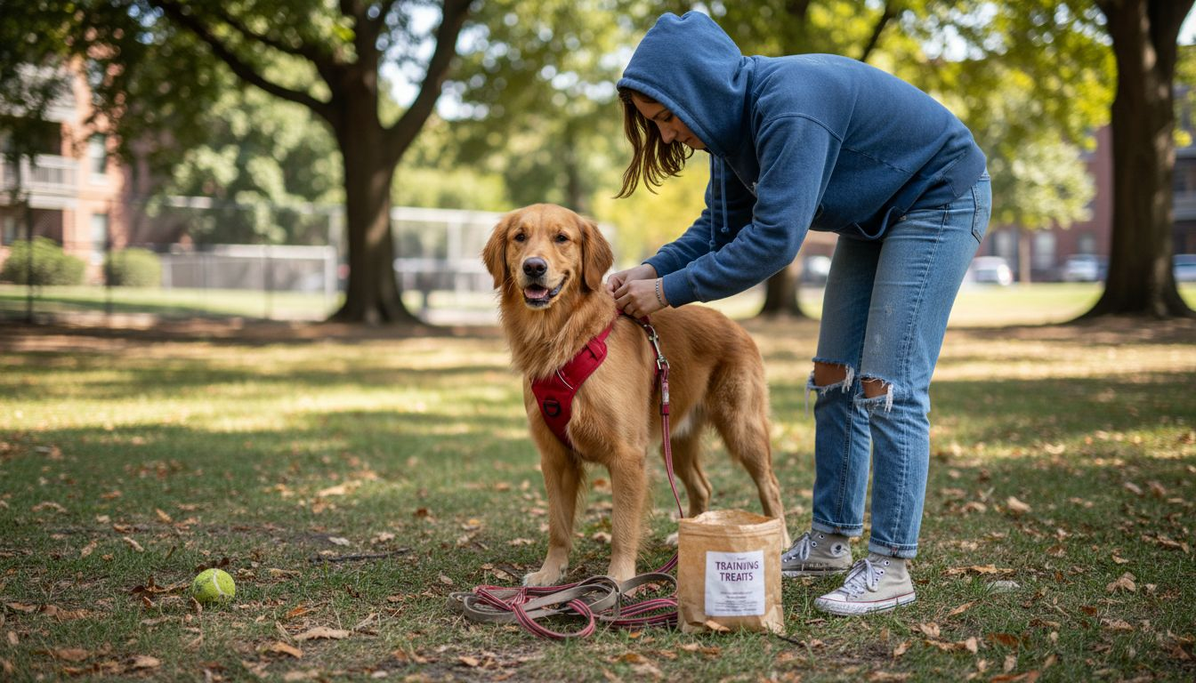 Trainer fitting harness on dog in park