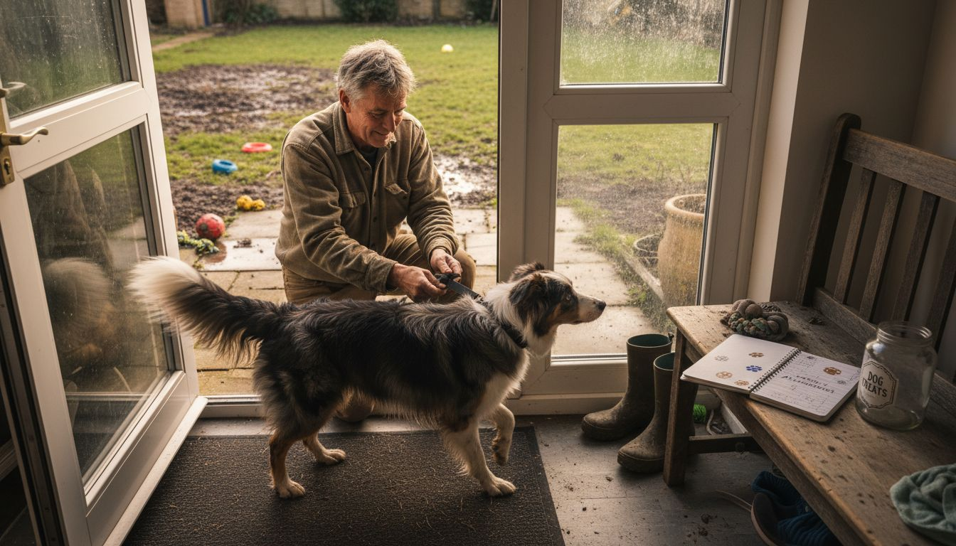 Man preparing friendly dog for daily walk