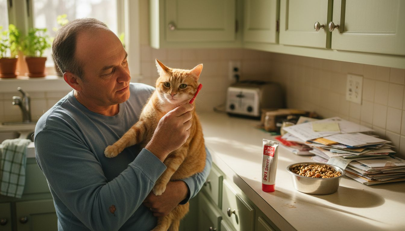 Cat owner brushing cat’s teeth at kitchen counter