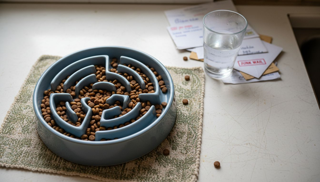 Maze-style dog slow feeder bowl close-up