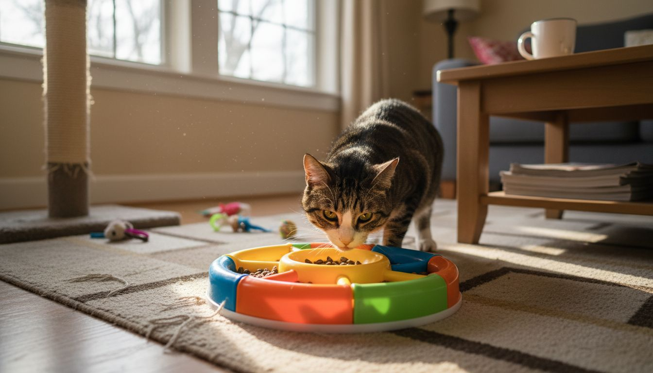 Tabby cat inspecting puzzle feeder on rug