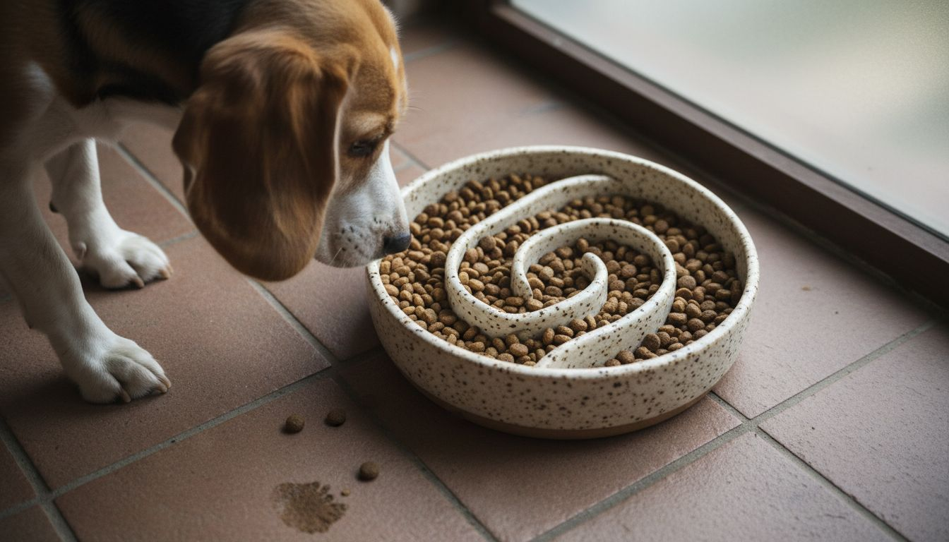 Slow feeder bowl obstacles with dog approaching