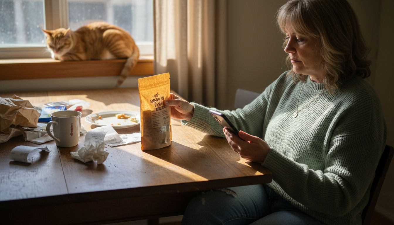 Pet owner verifies product certifications at kitchen table