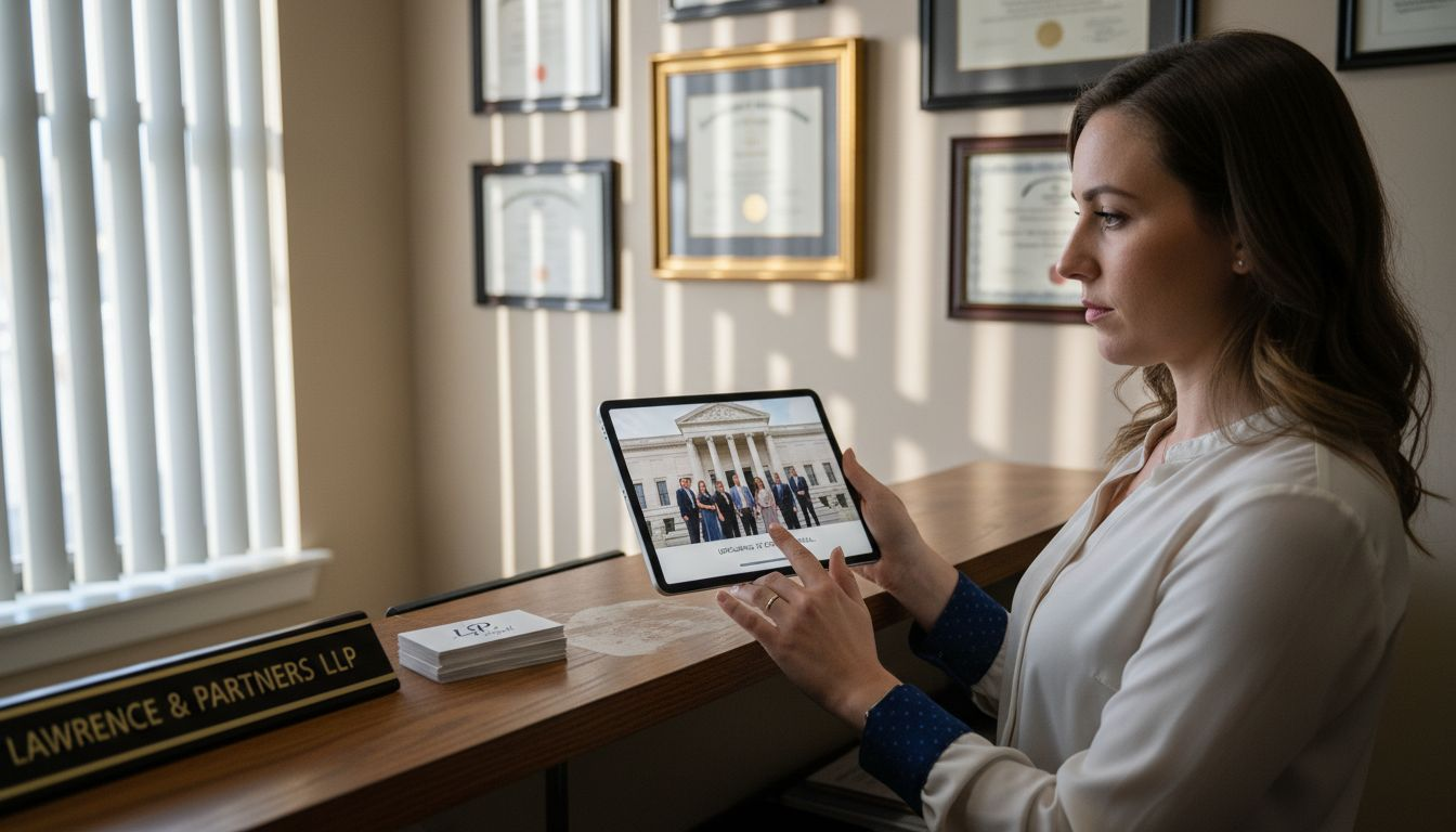 Paralegal uploads firm photo using tablet