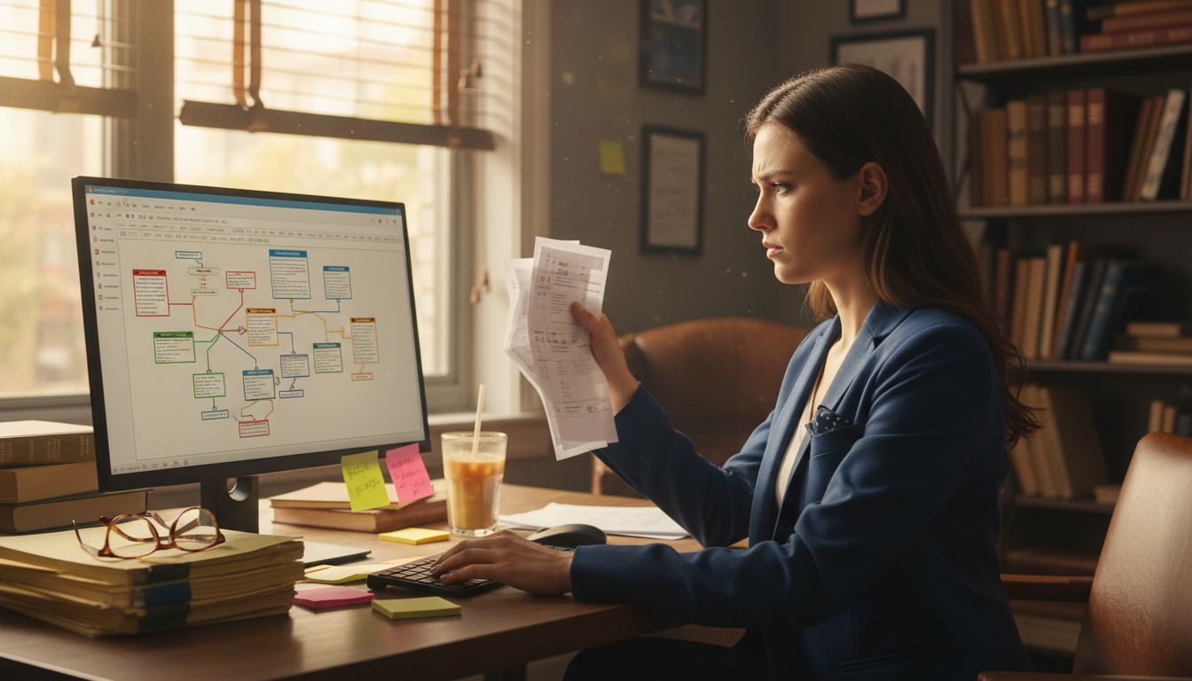 Lawyer researching keywords at messy desk