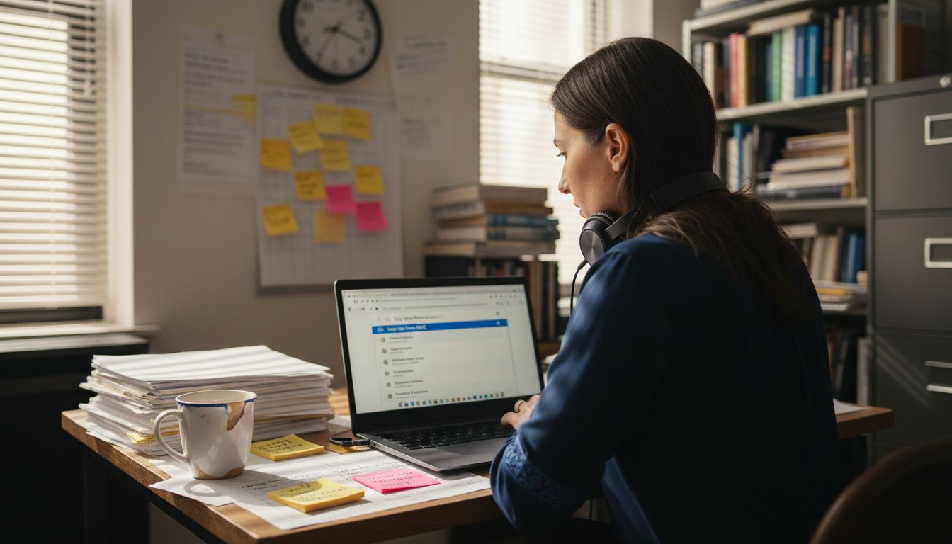 Lawyer reviewing legal search results on laptop