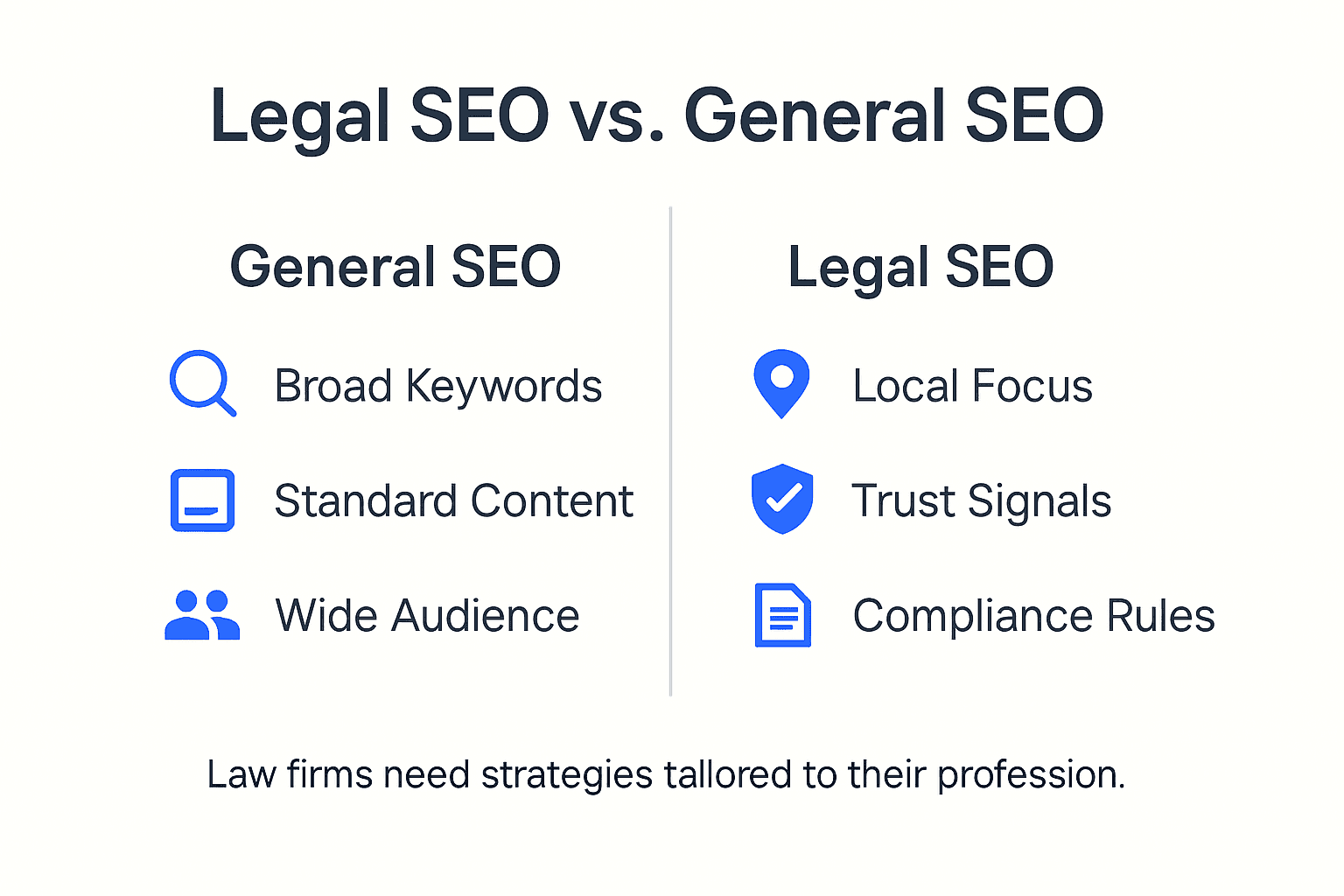 Infographic showing legal SEO versus general SEO