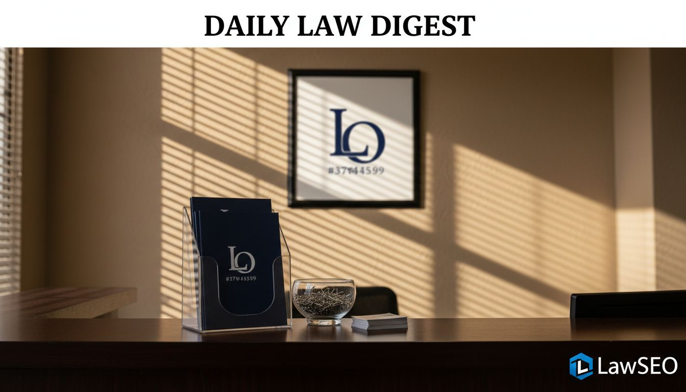 Attorney arranging branded materials at office counter