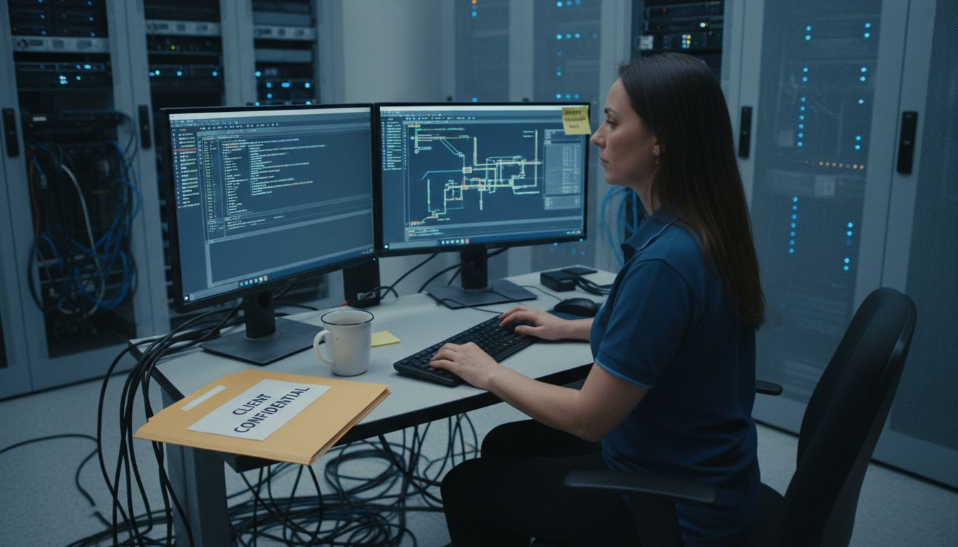 IT specialist monitoring sensitive client data security