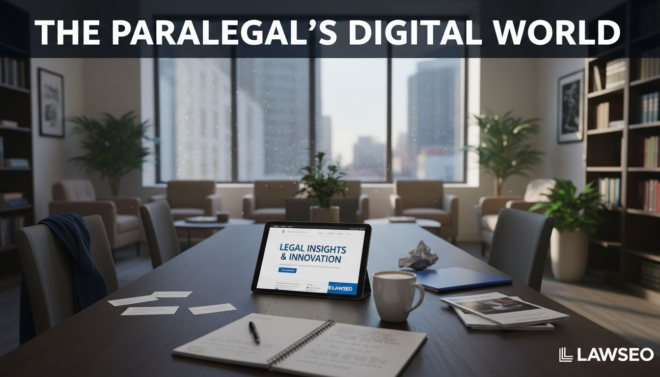 Paralegal browsing law firm website in lobby