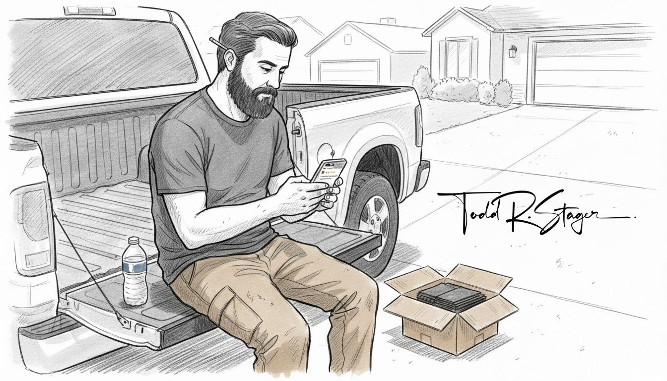 Roofer checks local reviews on smartphone