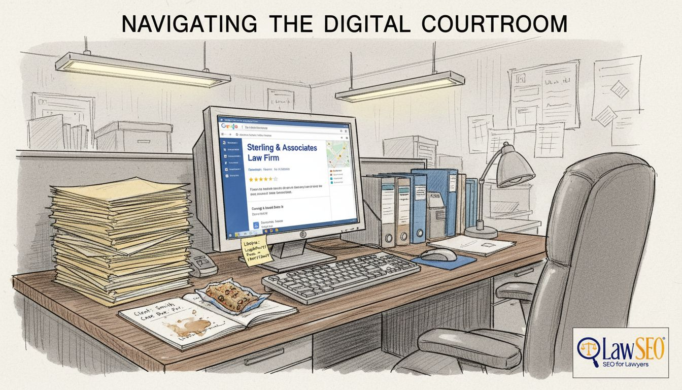 Paralegal verifies Google listing at cluttered desk