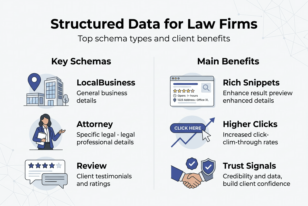 Infographic showing law firm schema types and benefits