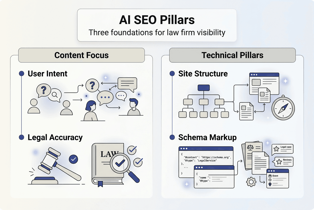 Infographic outlining AI SEO pillars for law firms