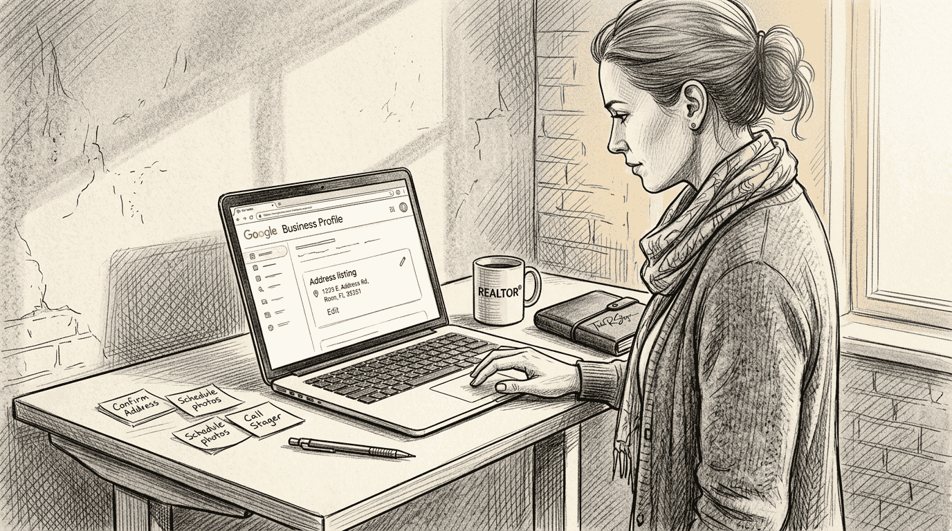 Broker updating Google profile at standing desk