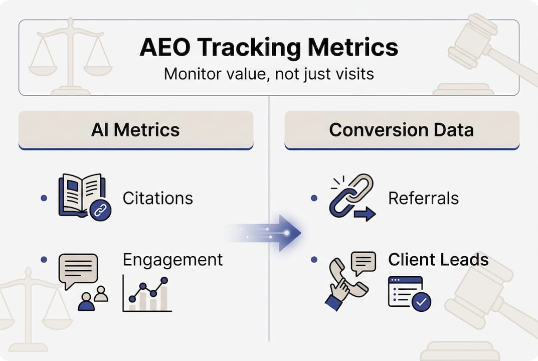 Infographic of AEO tracking metrics for law firms