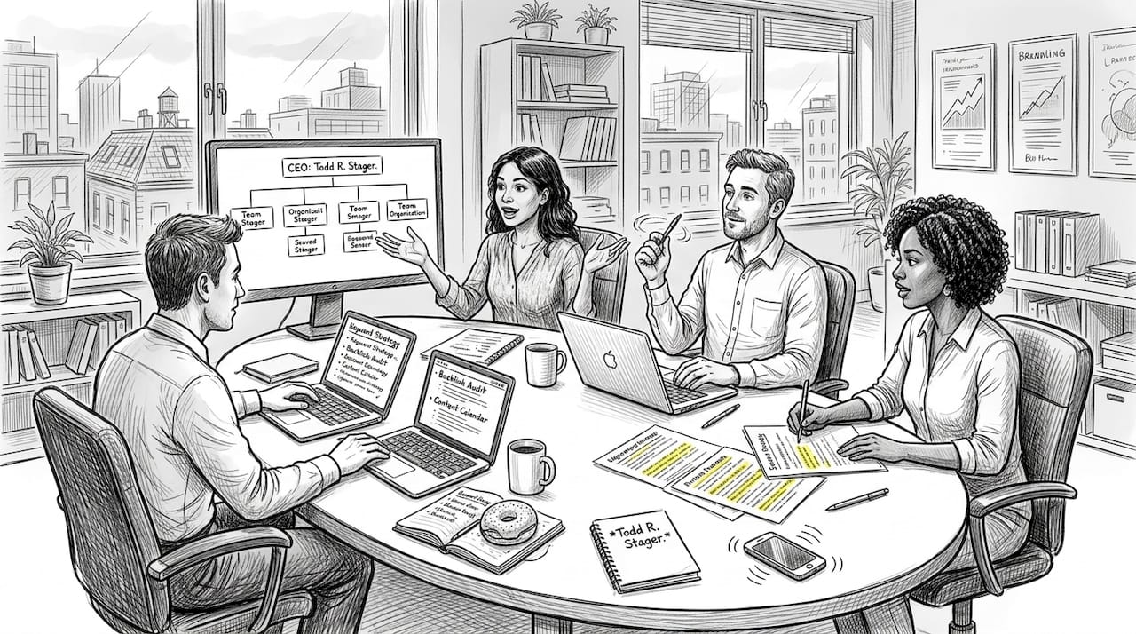 SEO team meeting around cluttered conference table