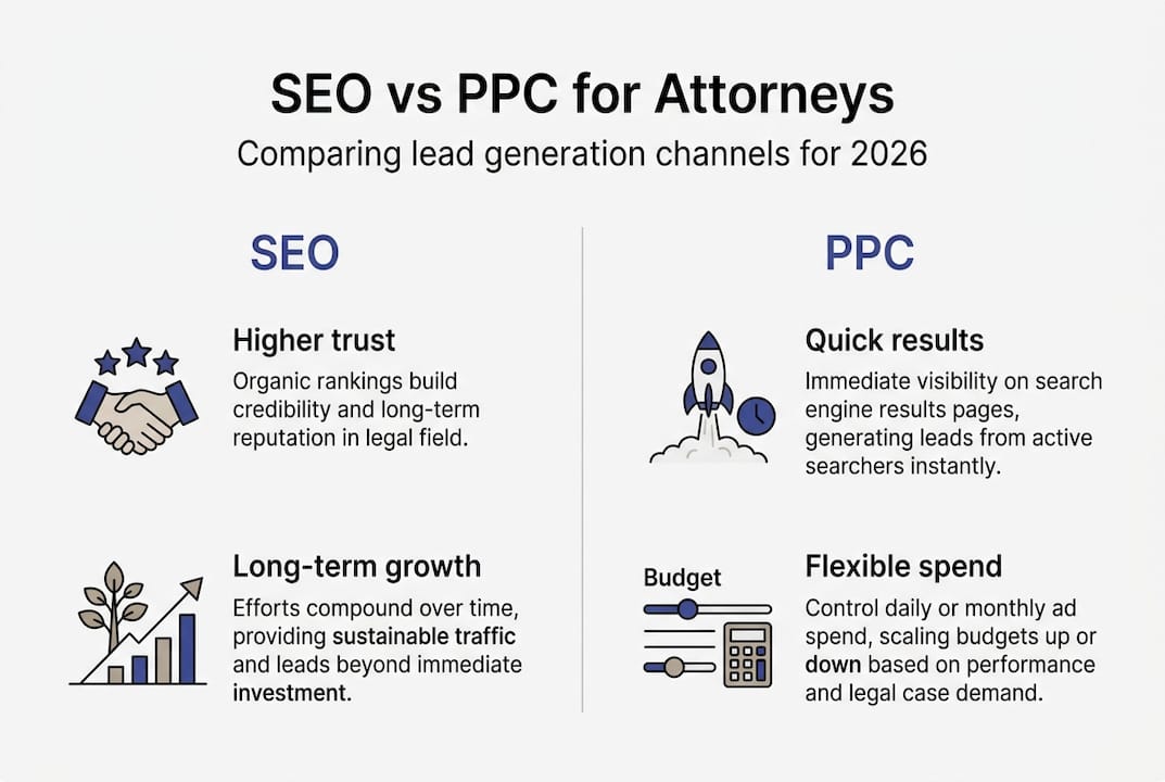Infographic comparing SEO and PPC for attorneys