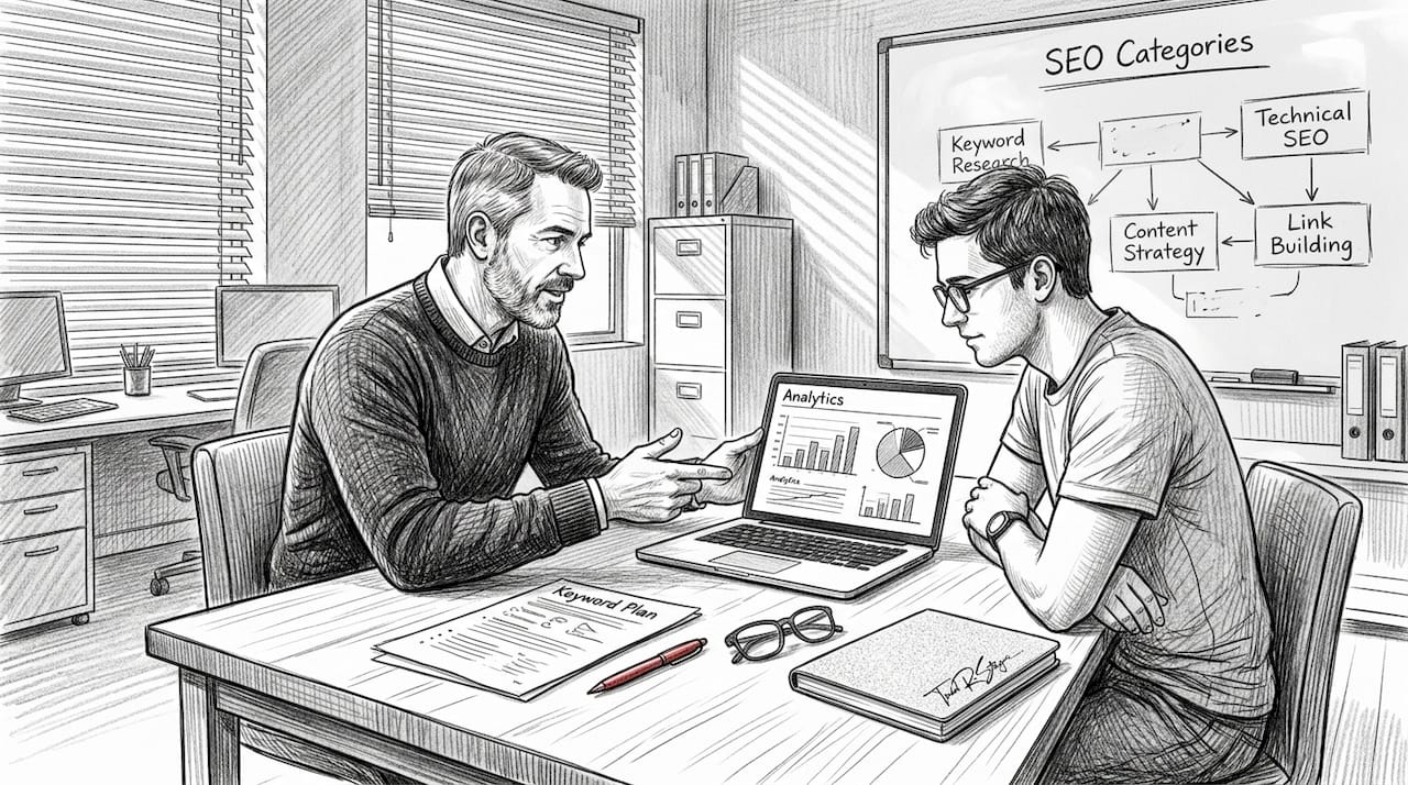 Coworkers reviewing SEO strategy at office table