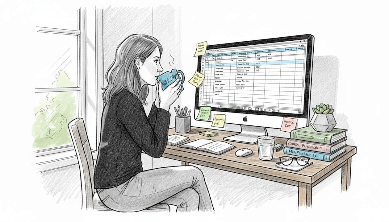 Therapist tracking SEO progress in home office