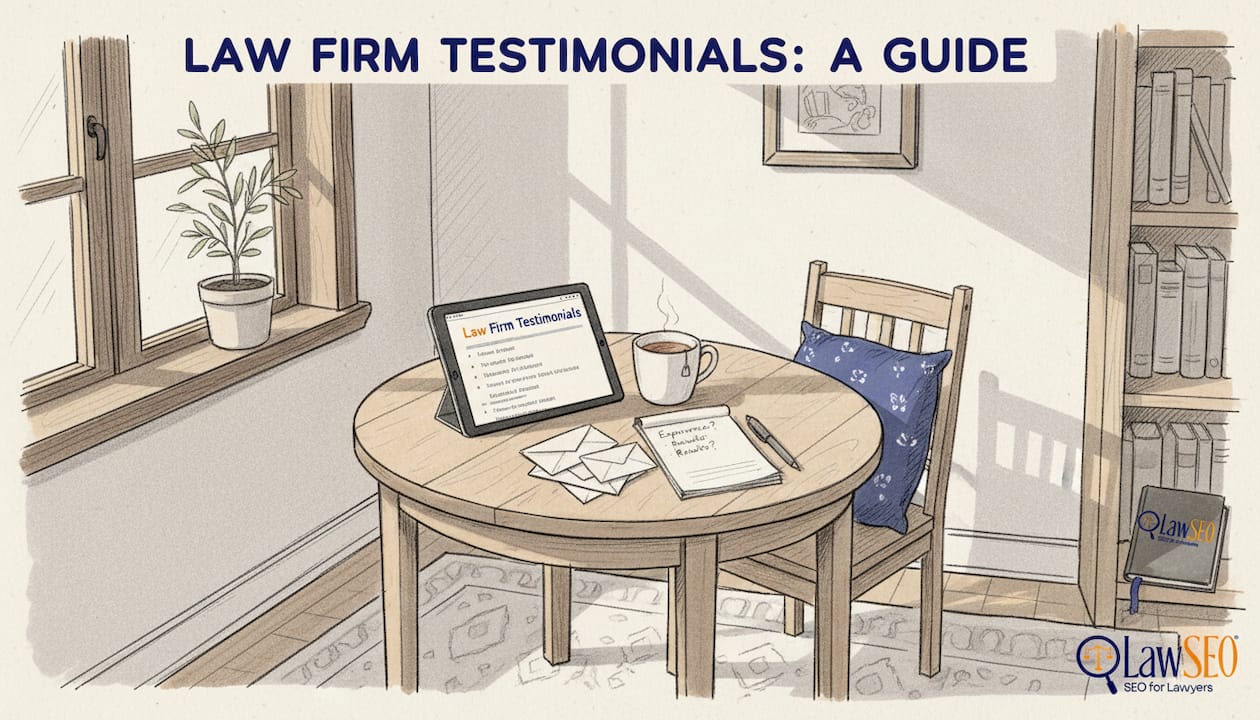 Client reviewing law firm testimonials at home
