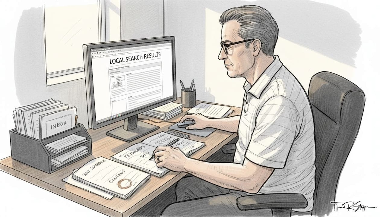 Small business owner doing keyword research