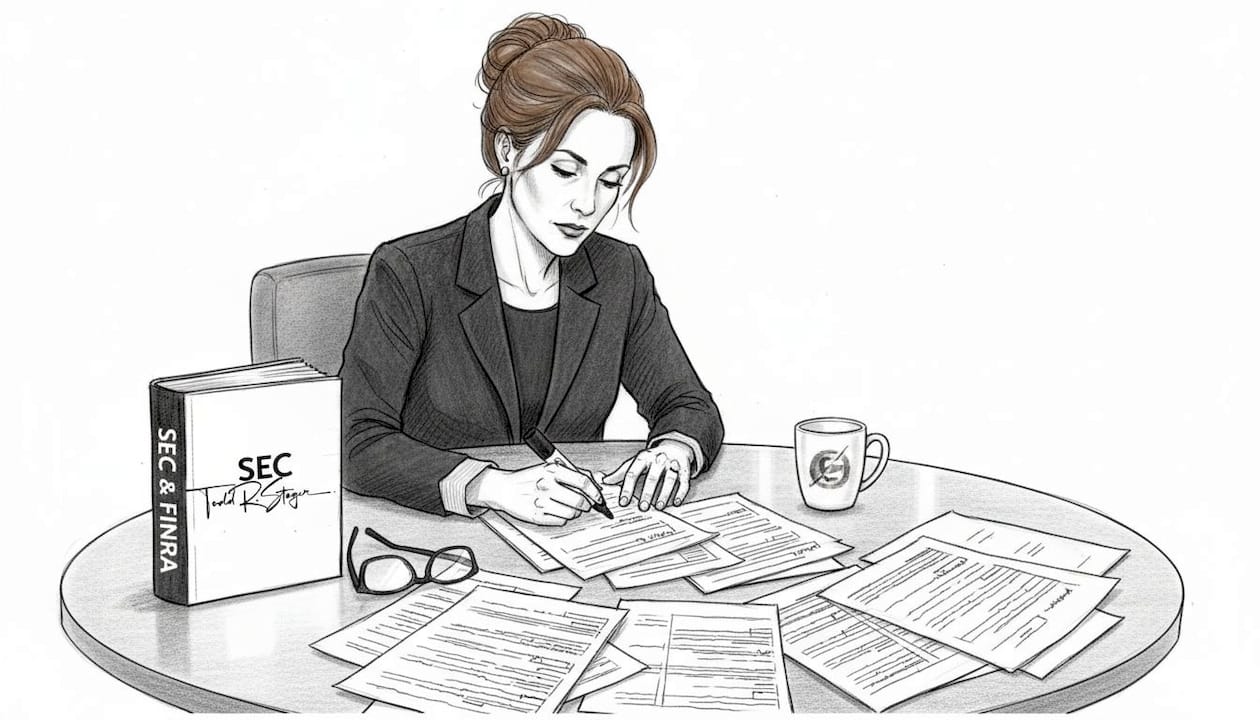 Compliance officer reviewing financial content documentation