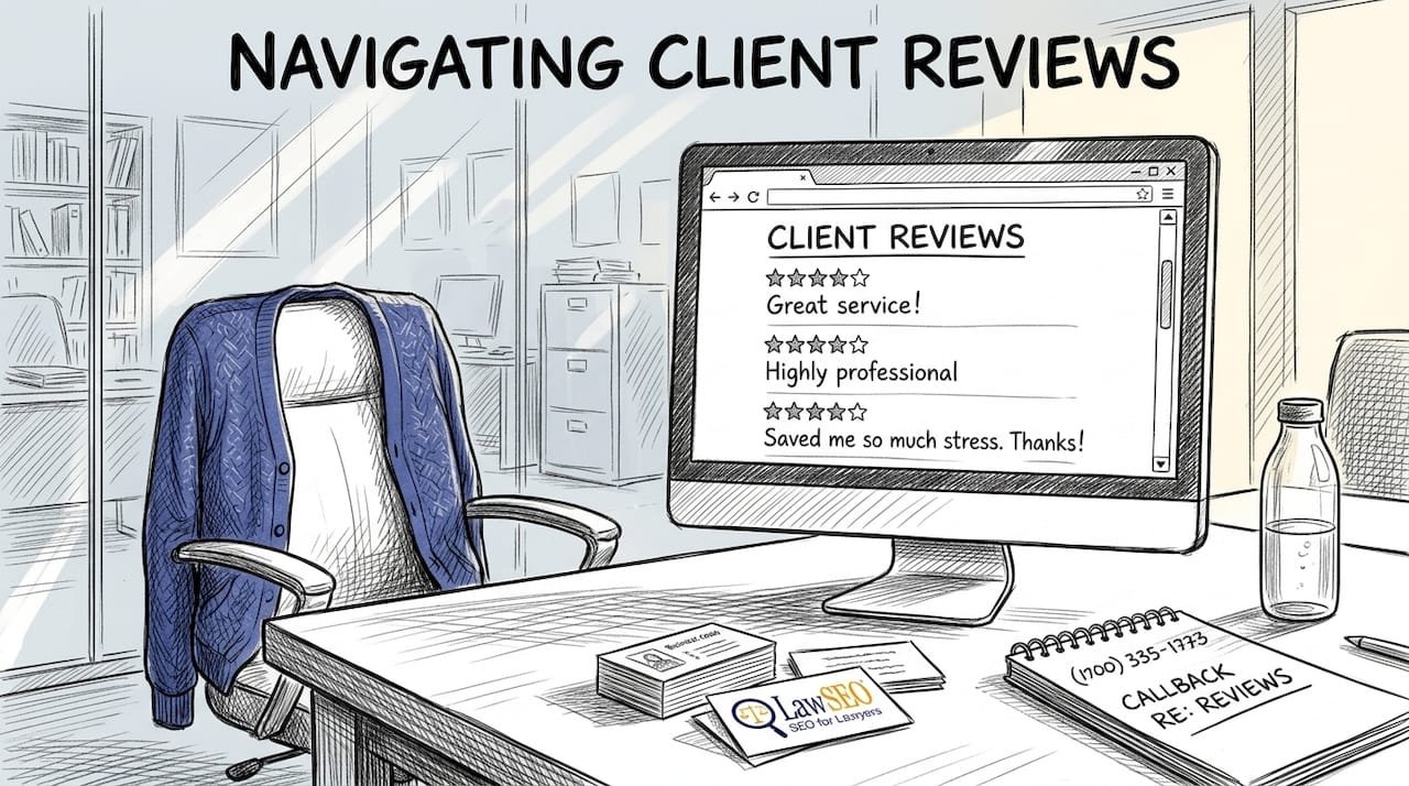 Office manager checking law firm client reviews