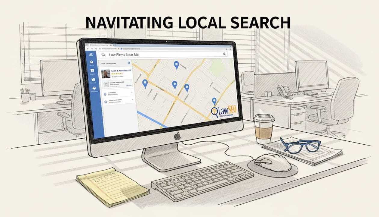 Lawyer viewing Google map results on monitor