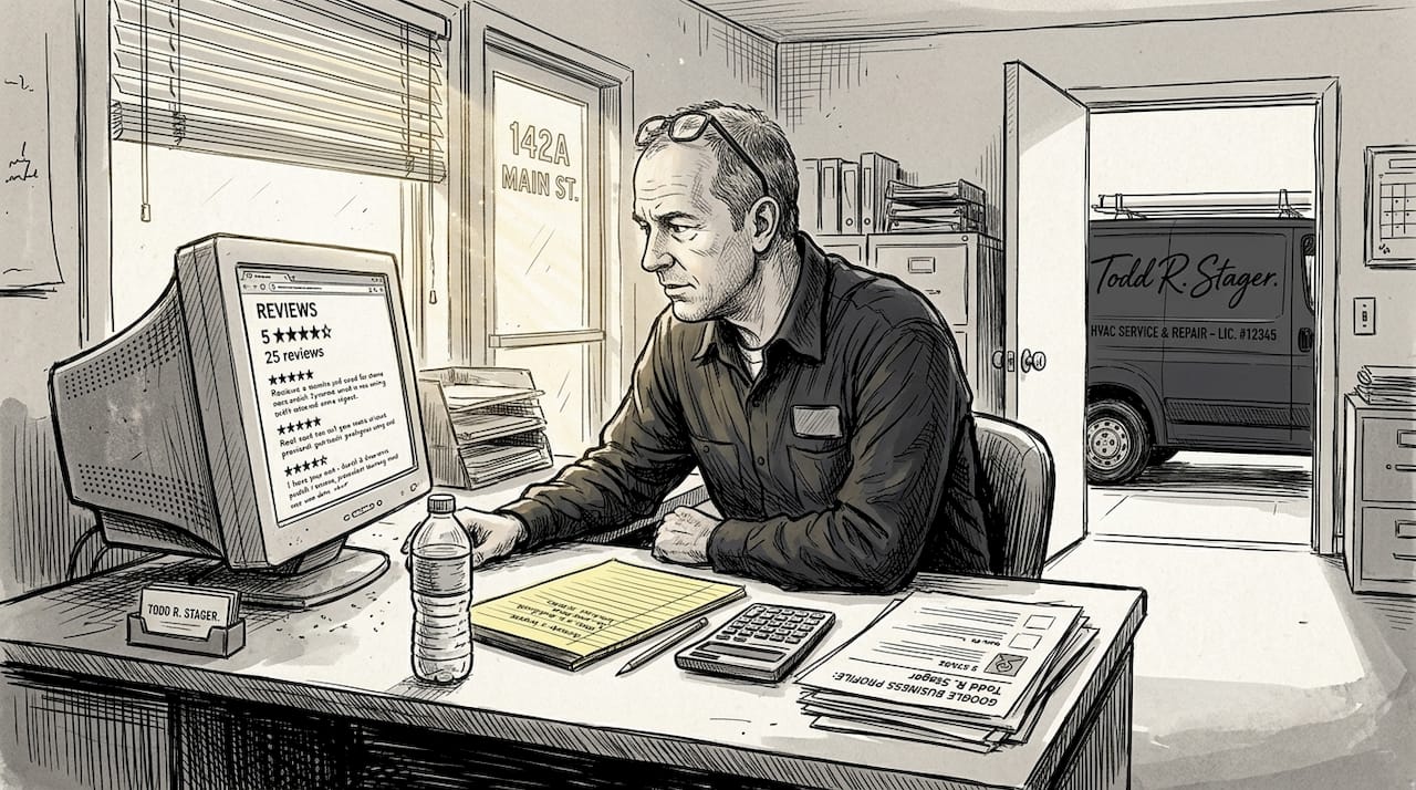 HVAC technician checking online reviews in office