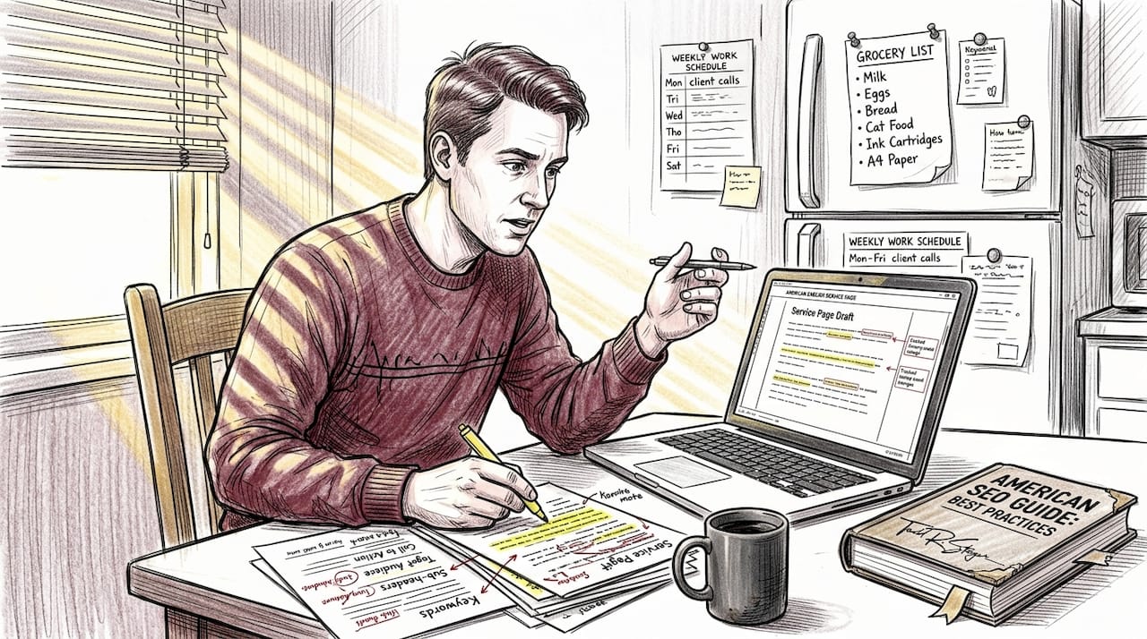 Copywriter editing service content with SEO guide