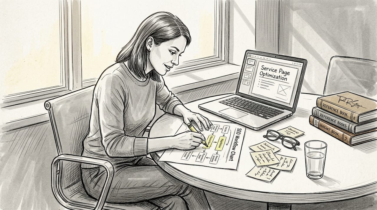 Professional marking steps on SEO workflow chart