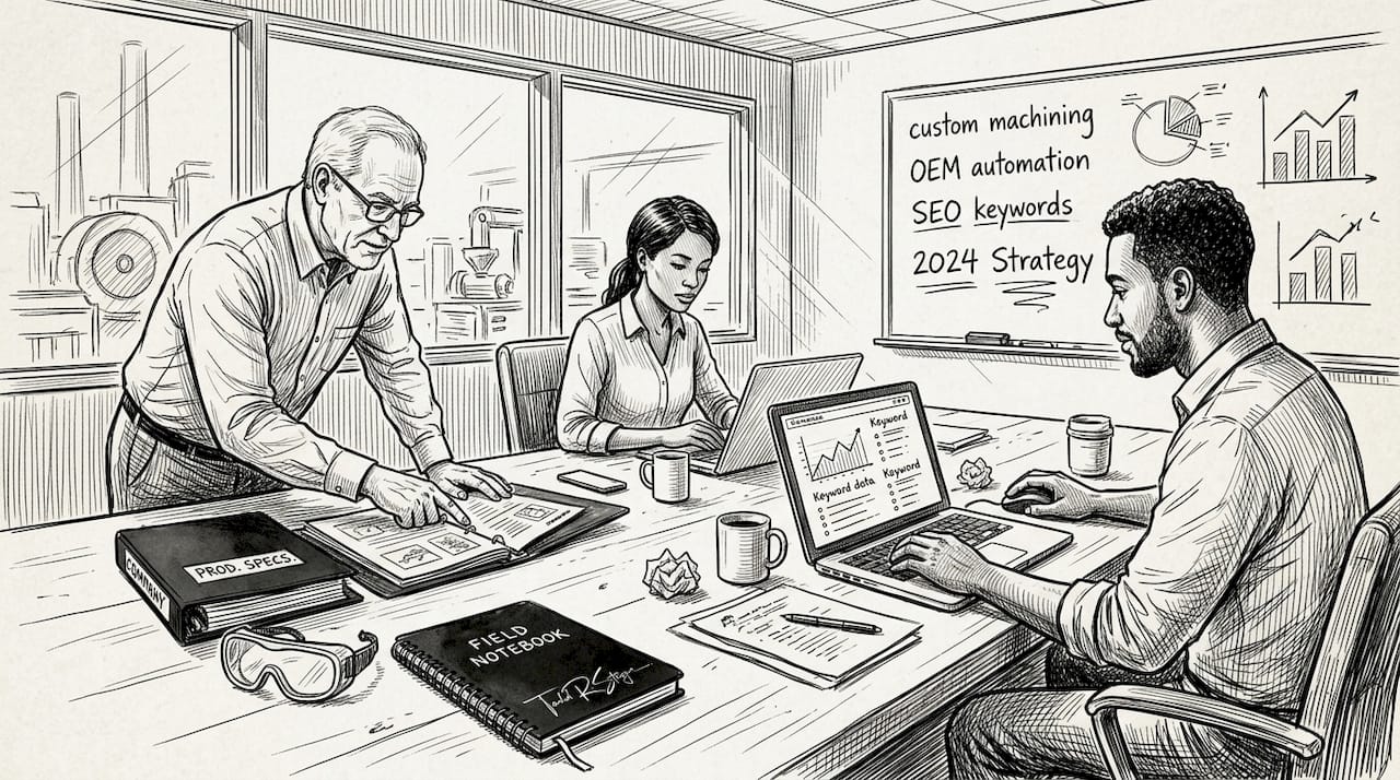 Marketers researching manufacturing keywords together