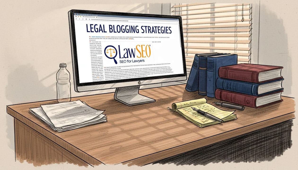 Lawyer writing content at cluttered desk