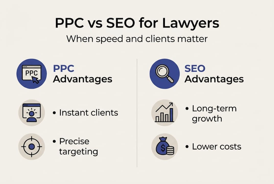 Infographic comparing PPC and SEO for lawyers
