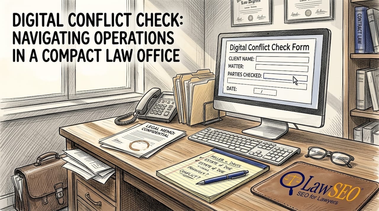 Attorney reviewing conflict check notes at computer