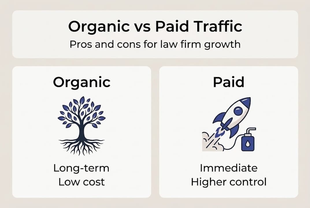 Infographic comparing organic and paid law firm traffic
