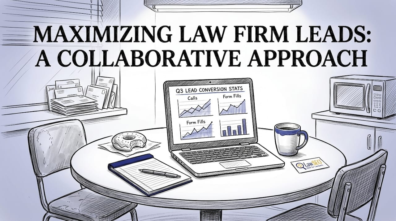 Law firm staff discuss web leads at break table