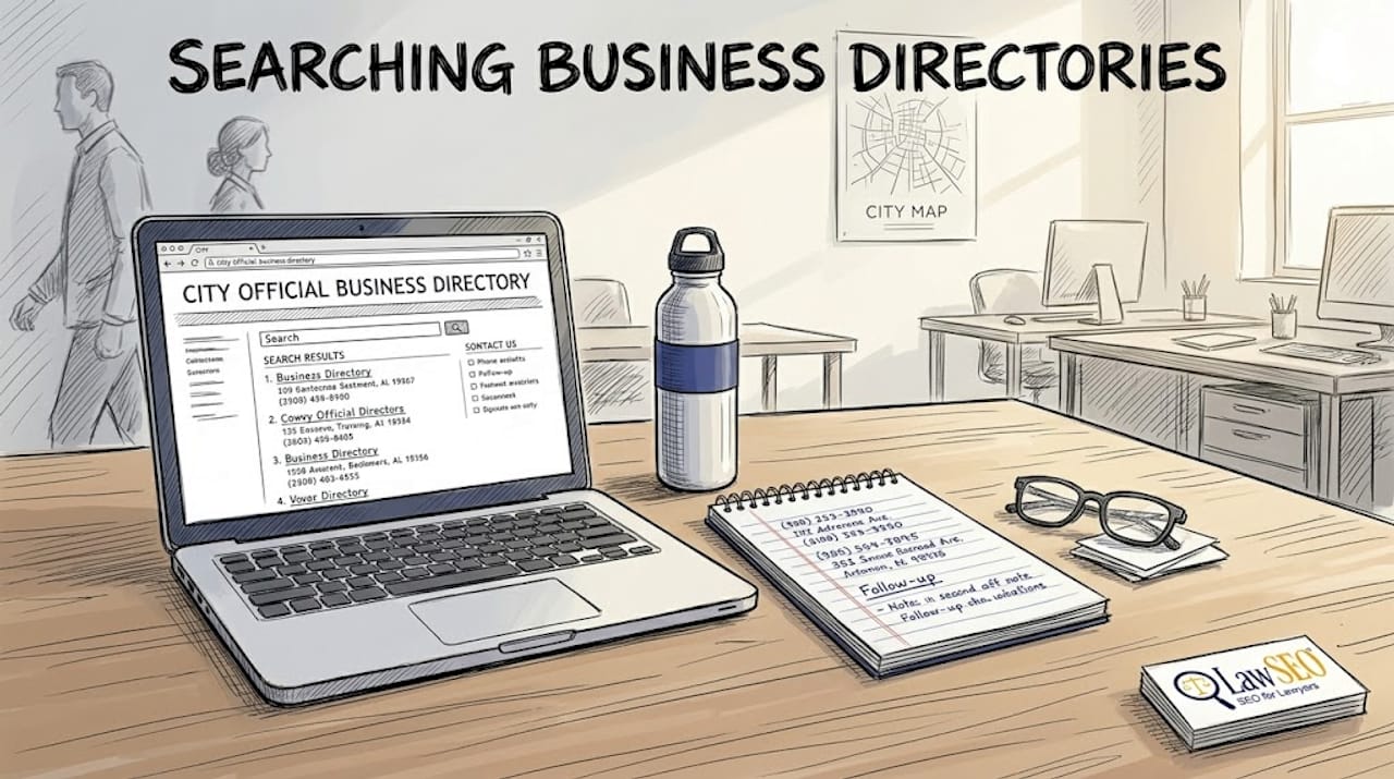 Attorney searches city business directory at coworking table