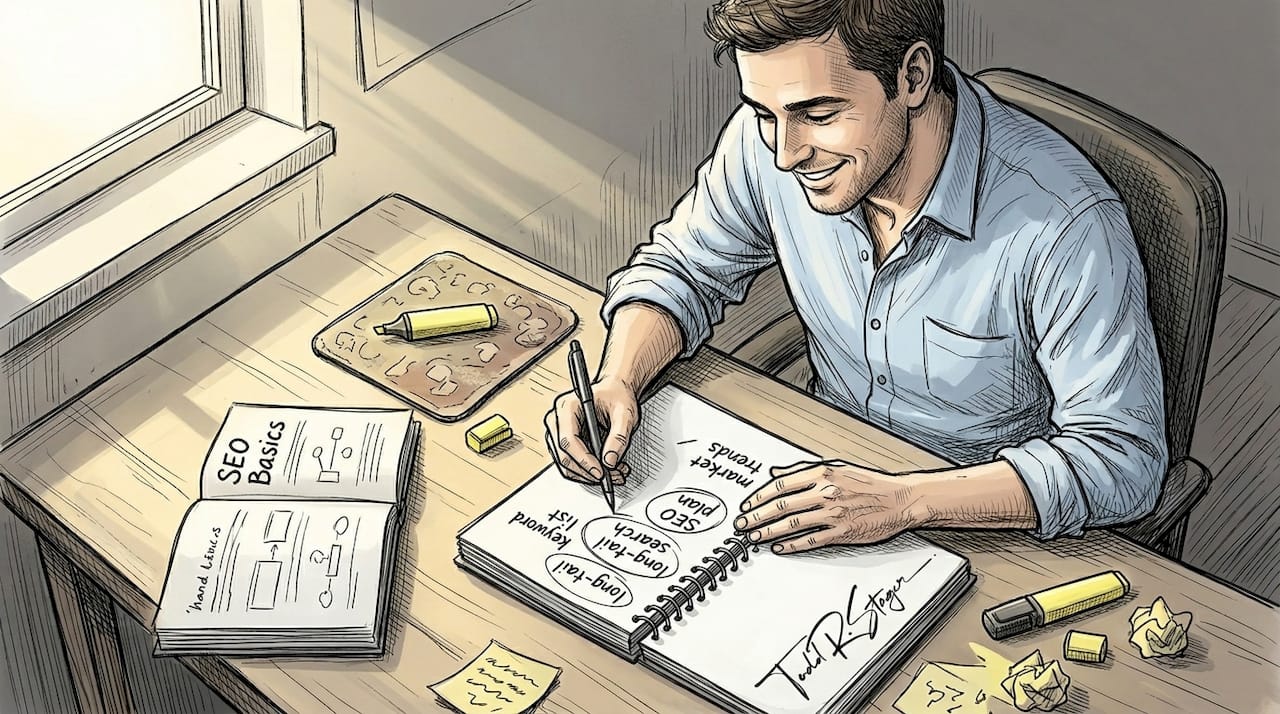 Entrepreneur researching keywords at cluttered desk