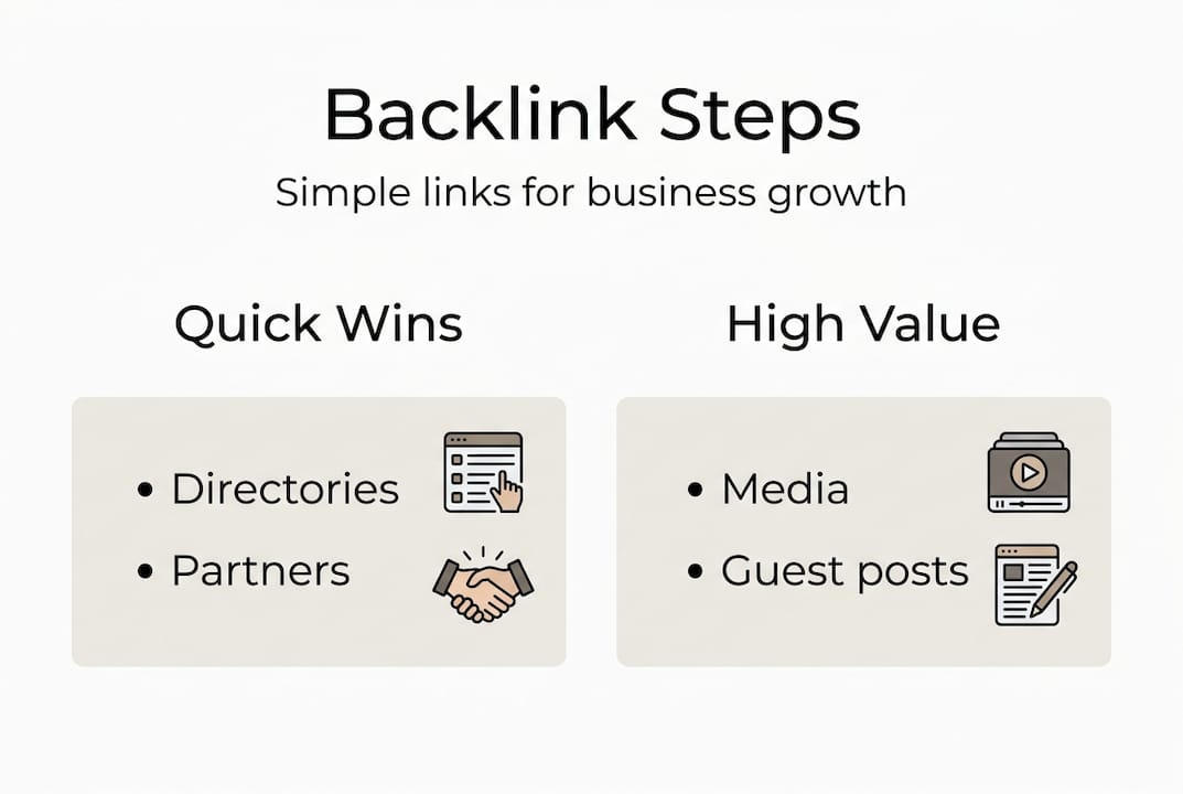 Infographic with backlink strategy steps and categories