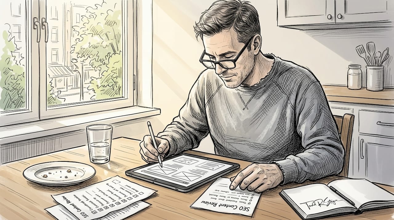 Editor optimizing SEO content at kitchen table