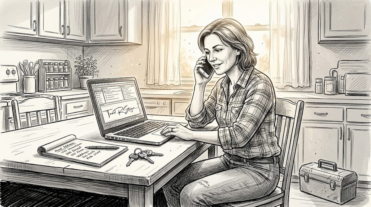 Plumber multitasks phone call and laptop