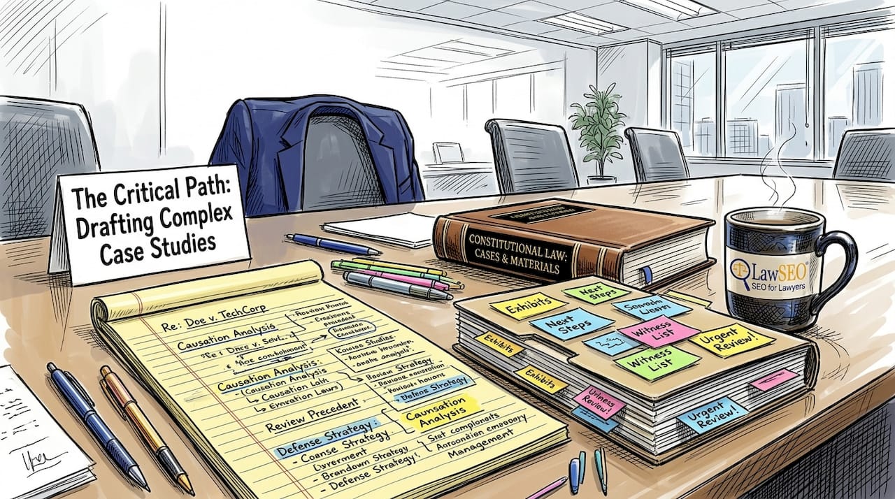 Lawyer drafting case study at conference table