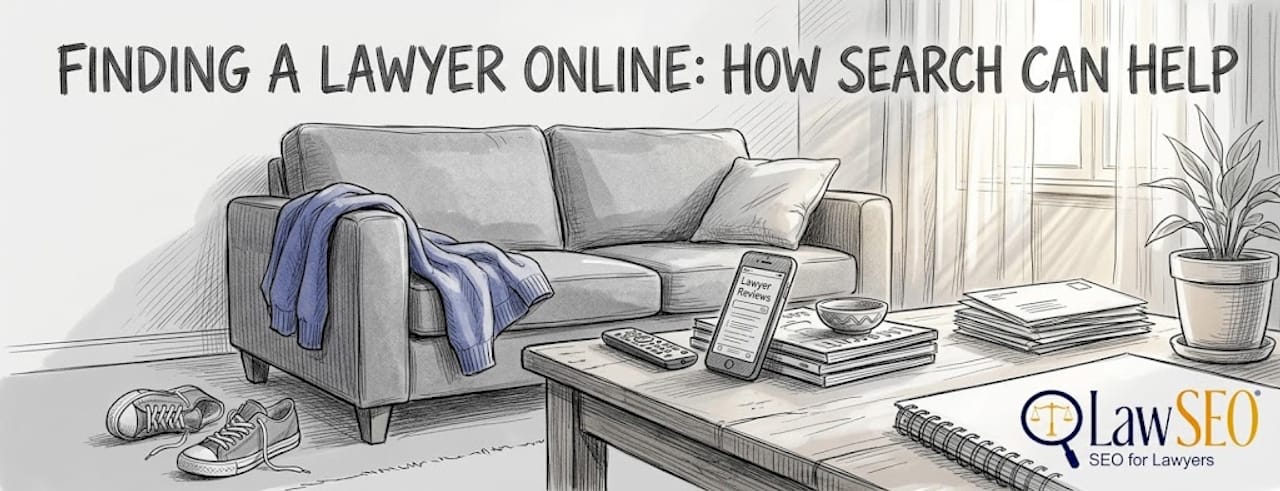 Client reading lawyer reviews on phone at home