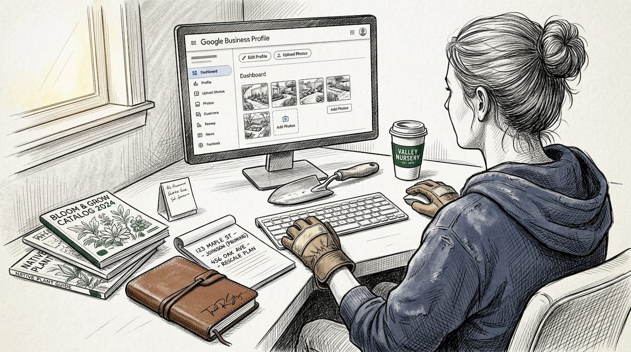 Landscaper updating Google Business Profile at desk