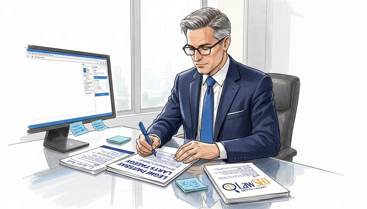 Attorney reviewing printed legal blog draft