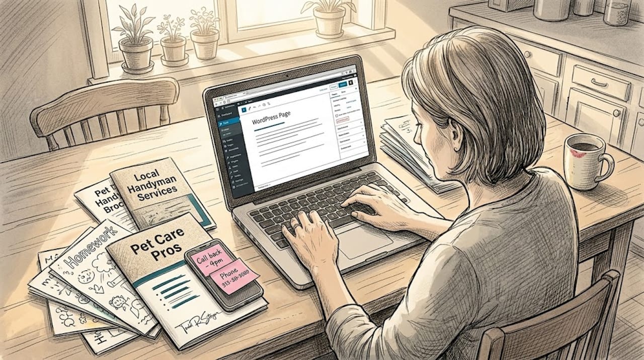 Writer working on website content at kitchen table