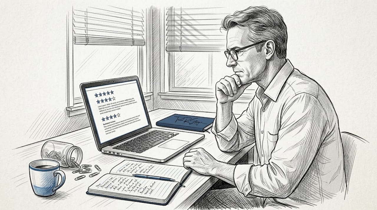 Optometrist reading patient online reviews