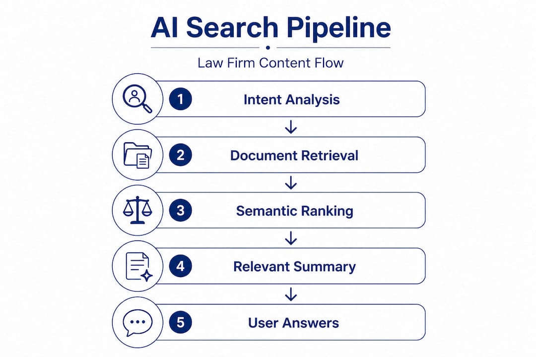 Vertical flow infographic of AI search pipeline steps